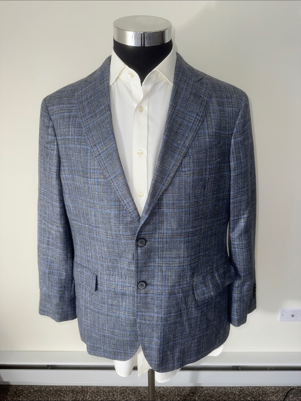 Joseph Abboud mens 42R blue plaid wool silk linen E. Thomas 2-button sport coat